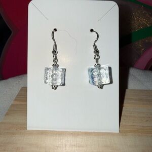 Elegant Silver Tone Glass Cube Earrings